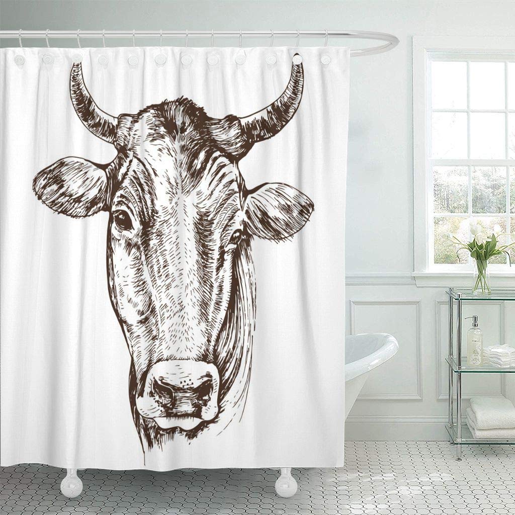  Ŀư  ϼ Ӹ   ׸ ׷   ׷ /Shower Curtain Animal Cow Head White Doodle Drawing Drawn Face Farm Graphic Hand